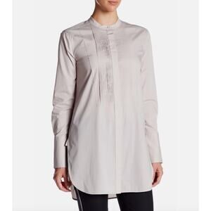 VINCE Knife Pleats Poplin Blouse Taupe Beige Tuxedo Style Tunic Top Womens sz. S